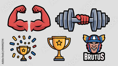 Fitness icons with dumbbell trophy and flexed arm symbolizing strength and victory in sports and workout