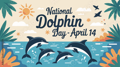 Dolphins swimming together in ocean water on national dolphin day april 14 with tropical leaves and sunny sky