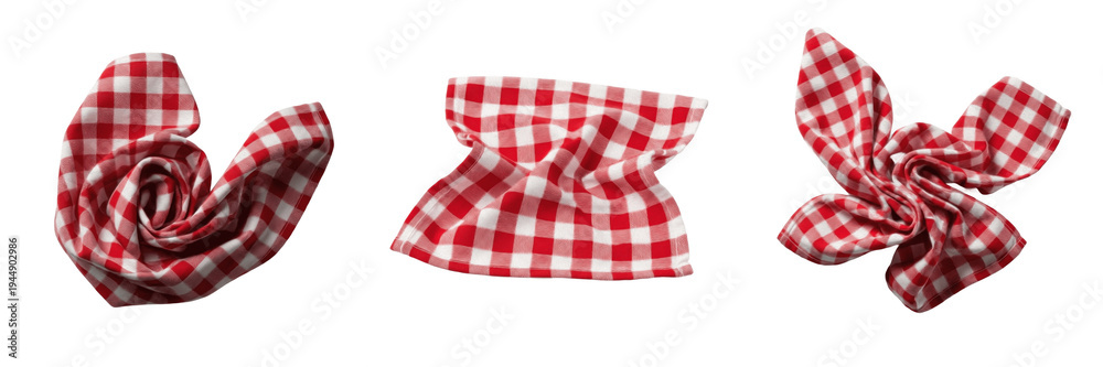 Obraz premium Red and White Gingham Napkin Set - Crumpled Plaid Checkered Fabric for Picnic, Kitchen Decor & Food Photography - Folded Cotton Tea Towel Tableware Accents for Rustic Dining Theme