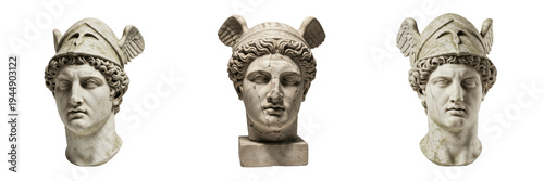 Fotografie Hermes Greek God Stone Bust Sculptures | Winged Helmet Ancient Mythology Statues