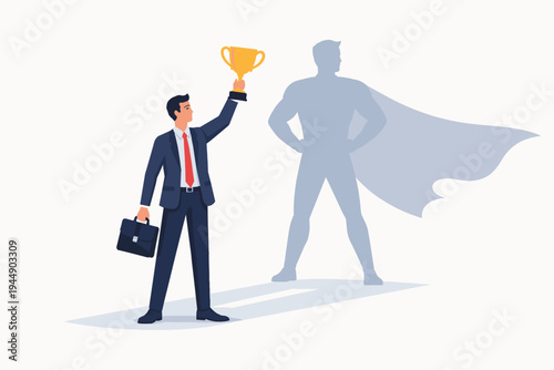 Successful Businessman Holding Gold Trophy with Superhero Shadow Concept. Ambitious Professional Achieving Career Goals, Leadership, Power, and Inner Strength. Flat Vector Illustration for Business