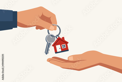 Vector illustration of a real estate agent's hand giving house keys with a red house keychain to a new homeowner. Concept of buying, selling, or renting a property, mortgage, and moving in.
