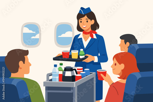 Friendly Flight Attendant in Blue Uniform Serving Drinks and Coffee from a Beverage Cart to Passengers on an Airplane Cabin, Flat Vector Illustration of Air Travel Service and Hospitality