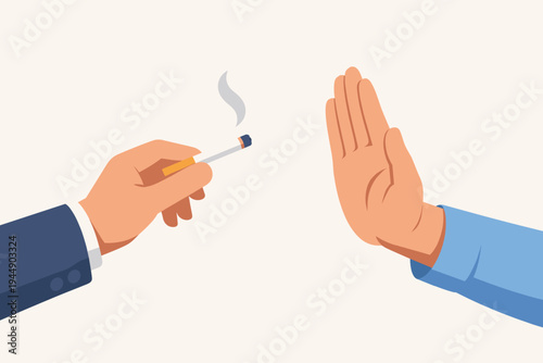 Vector illustration of a hand making a stop gesture to reject a cigarette offer, symbolizing the decision to quit smoking for a healthy lifestyle and World No Tobacco Day awareness campaign.