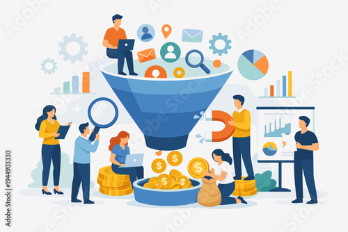 Marketing Team Using Sales Funnel to Monetize Customer Data and Generate Revenue, Business People Analyzing Lead Generation Process, Conversion Optimization and Digital Strategy Flat Vector