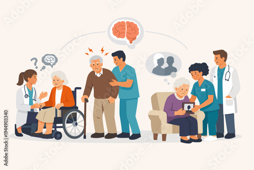 Flat Vector Illustration of Medical Professionals Assisting Senior Patients with Dementia, Alzheimer's, and Memory Loss. Doctors and Nurses Providing Compassionate Care for Elderly People in Clinic.