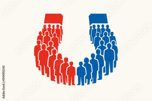 Flat vector illustration of a polarized society with people silhouettes forming a horseshoe magnet in red and blue, representing political division, ideological conflict, and social separation.