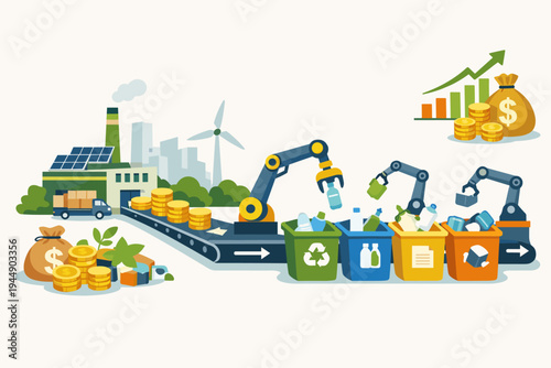 Profitable recycling factory with automated robotic arms sorting waste into bins, conveyor belt with gold coins, solar panels, wind turbine, and financial growth chart for circular economy.