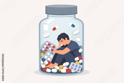 Depressed man sitting inside a large pill bottle filled with medications and capsules vector illustration, representing mental health struggles, drug addiction, and pharmaceutical dependency issues.