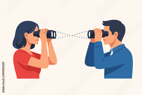 Flat Vector Illustration of a Man and Woman Looking at Each Other Through Binoculars, Representing Mutual Observation, Search, Discovery, and Connection in a Simple Minimalist Graphic Style