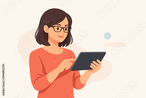 Flat Vector Illustration of a Young Woman with Glasses Using a Tablet Computer for Work, Study, or Leisure, Modern Digital Lifestyle Concept with a Smiling Female Character Browsing the Internet