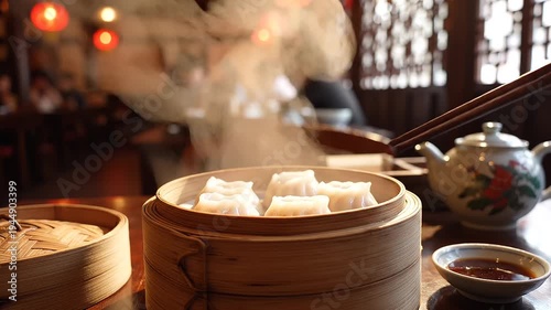 Steaming white dumplings in bamboo steamer