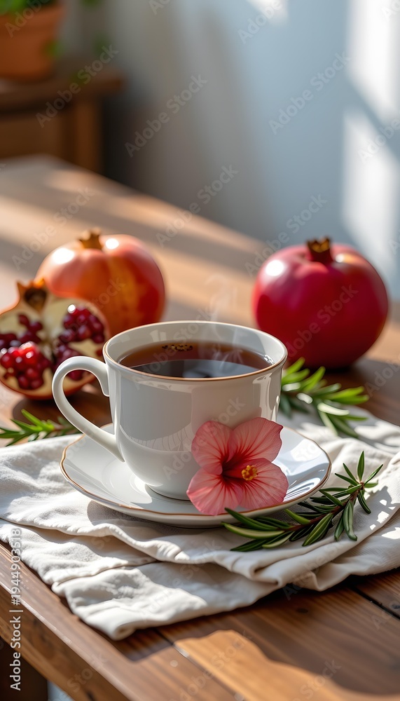 Fototapeta premium Cozy Still Life with Tea Cup, Hibiscus Flower, Fresh Fruits, and Natural Light Creating a Warm and Inviting Atmosphere