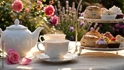 White porcelain teapot with scones and roses