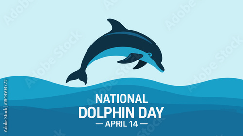 Dolphins celebrate national dolphin day on april 14 in ocean waves with blue gradient background
