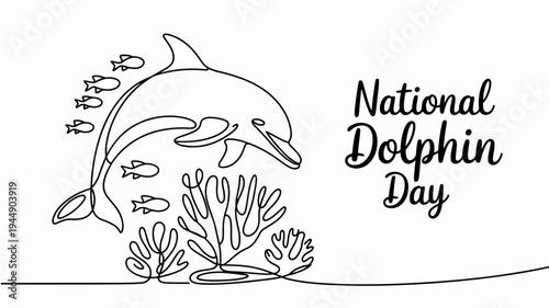 Dolphin jumping out of water with seaweed and fish national dolphin day celebration