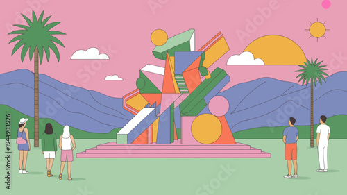 People admire a colorful abstract sculpture in a park with palm trees and mountains at sunset