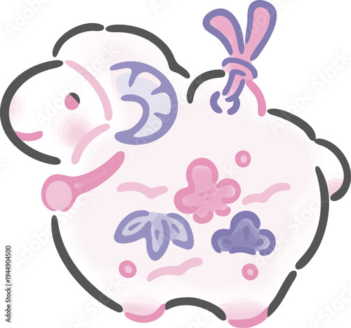 年賀2027　未年の羊の土鈴　水彩　手描きイラスト　和風の縁起物、松竹梅、お正月、年賀、年賀状素材