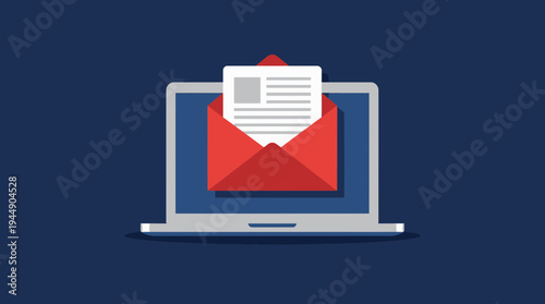 Laptop screen showing open red envelope with white document file icon isolated on dark blue background, concept for email marketing, electronic newsletter and corporate communication service