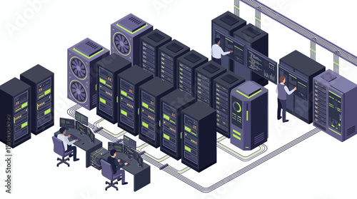 Isometric network engineers managing hardware server racks in modern data center facility with cooling units, concept for cloud computing, cybersecurity and big data storage services