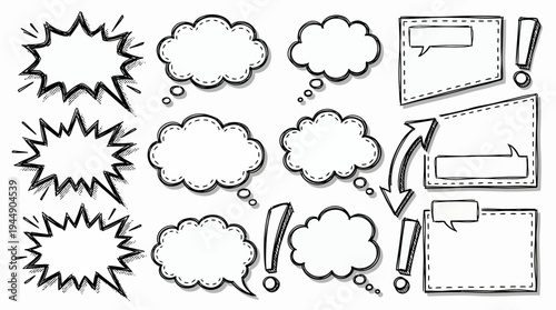 Collection of hand drawn comic speech bubbles and blank thought clouds with exclamation marks on white background, concept for graphic design assets, business marketing and storytelling