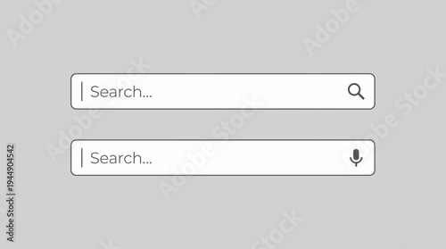 Modern search bar interface elements with magnifying glass and voice recognition microphone icons on minimalist gray background, concept for web design, user interface and app navigation