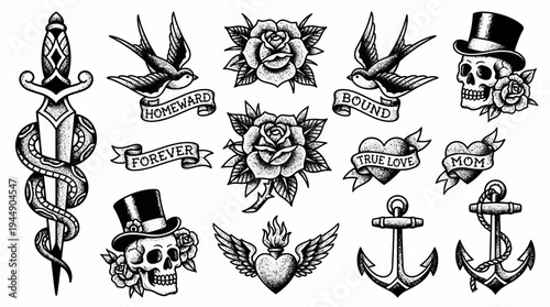 Set of black and white traditional tattoo flash illustrations featuring vintage skulls, roses, swallows, anchors and dagger, concept for apparel design, skin art and decal print