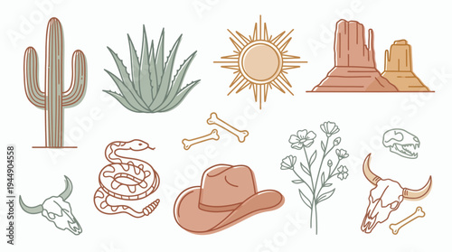 minimalist desert line art collection featuring cactus sun mountains and boho cowboy elements isolated on white background, concept for bohemian branding, western graphic design and apparel