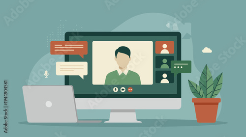 Desktop monitor displaying video conference with corporate manager avatars and chat bubbles next to laptop, concept for virtual team meeting, remote collaboration and digital workspace