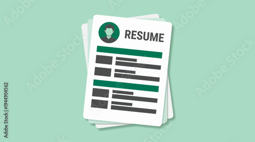 Stack of professional resume documents with human resource manager profile icon on green background, concept for job recruitment process, corporate hiring and career applicant search