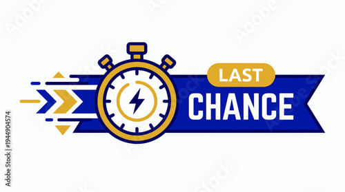 Flat vector illustration of a yellow stopwatch with lightning bolt on a blue banner with last chance text, concept for flash sale promotion, limited time offer and marketing countdown