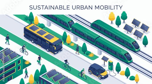Isometric illustration of a modern green city with electric trains, solar buses and cyclists, concept for sustainable urban planning, eco-friendly transport and smart city development