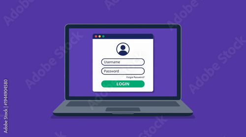 Laptop computer displaying a secure login interface window with username and password fields on a purple background, concept for digital security, user authentication and website access