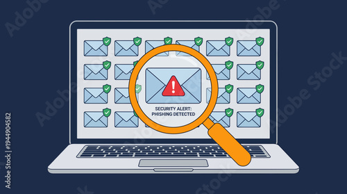 Laptop screen showing email icons with magnifying glass zooming into security alert phishing detected warning, concept for cyber security, data protection and internet fraud prevention