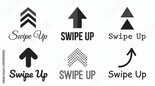 Set of black swipe up button icons with different arrow styles and typography on white background, concept for social media marketing, user interface design and digital stories promotion