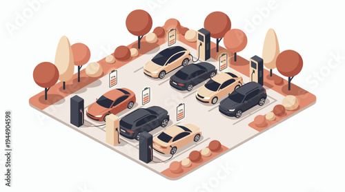 Modern isometric electric vehicle charging station with various cars parked in lot near autumn trees, concept for green energy infrastructure, sustainable transport and urban electrical mobility
