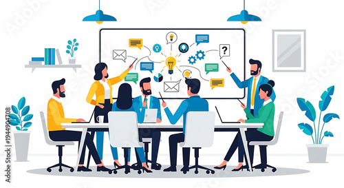 Business team brainstorming meeting with whiteboard isolated on transparent background