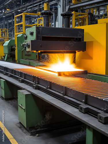 Heating metal billets under a press on a conveyor system in a manufacturing facility for metal products.