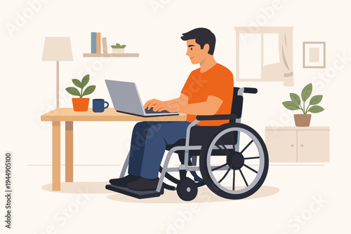 Young man in a wheelchair working on a laptop at a desk in a modern home office, flat vector illustration of inclusive workspace, remote work, accessibility, and professional disability.