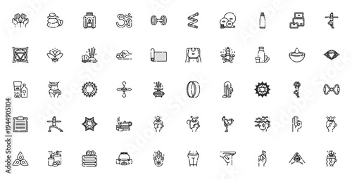 Yoga and Mindfulness icon set. Vector symbols for yoga, meditation, chakra, mudra, sauna, mat, and more. Minimal line art collection.