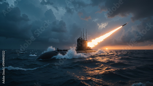 A submarine-launched ballistic missile SLBM breaks the stormy ocean surface and ignites its trail cutting into the clouds heading towards a horizon glowing