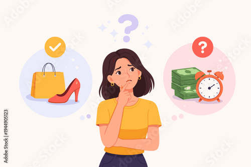 Puzzled Woman Thinking About Financial Decisions, Choosing Between Shopping for Shoes and Saving Money or Time, Flat Vector Illustration of a Girl in Doubt Making a Choice Between Two Options