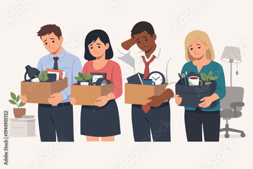 Sad Diverse Group of Employees Fired from Job Carrying Boxes of Personal Belongings After Mass Layoff, Unemployment and Career Crisis Concept, Simple Flat Vector Illustration for Business Media