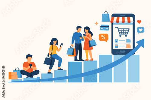 Vector illustration of an increasing customer base shopping online via a smartphone app. Diverse people on a rising bar graph with shopping bags and phones, symbolizing e-commerce sales growth.