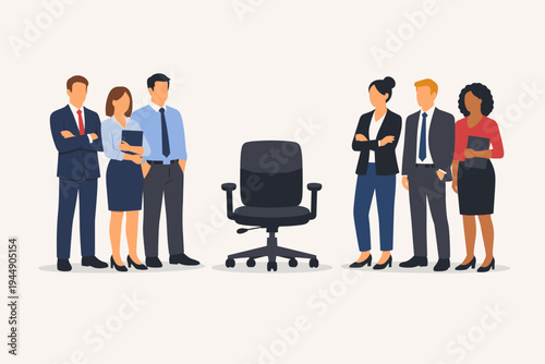 Professional business people standing by an empty office chair symbolizing recruitment, job vacancy, hiring process, career opportunity, corporate competition, and leadership position search.