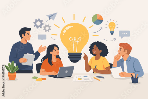Creative business team brainstorming new ideas and collaborating on a project. Diverse group of professionals working together with a large light bulb symbol of innovation. Flat vector design.