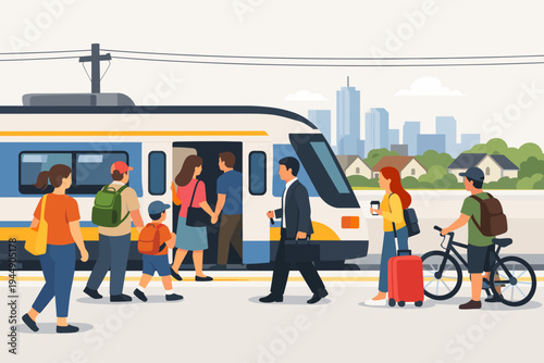 Flat vector illustration of diverse passengers boarding a modern commuter train at a suburban railway station platform, featuring travelers with suitcases, backpacks, and a bicycle in the city.