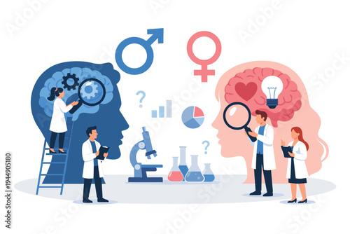 Scientists Researching Male and Female Brain Psychology Differences, Flat Vector Illustration of Doctors Analyzing Human Mind, Gender Psychology, Neuroscience, Mental Health, and Cognitive Science
