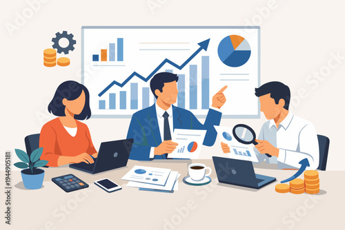Professional business team collaborating on financial growth analysis and data research at a desk. Colleagues discussing market trends using charts, graphs, and laptops in flat vector style.