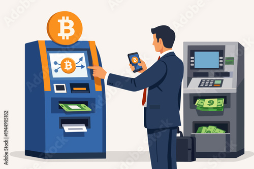 Businessman in a suit using a modern Bitcoin ATM to buy or sell cryptocurrency while holding a smartphone with a crypto app next to a traditional cash machine, flat vector illustration.